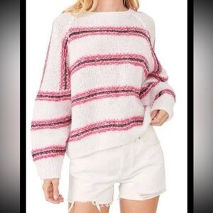 Free People Hockley Stripe Sweater Evening Cream with Pink and Purple Stripes